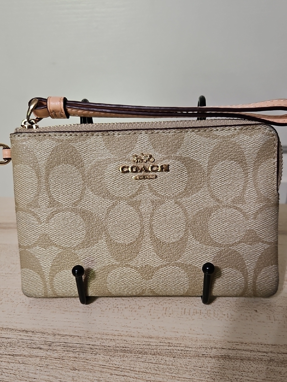 Coach EUC Khaki Canvas Wristlet with Light Peach Strap